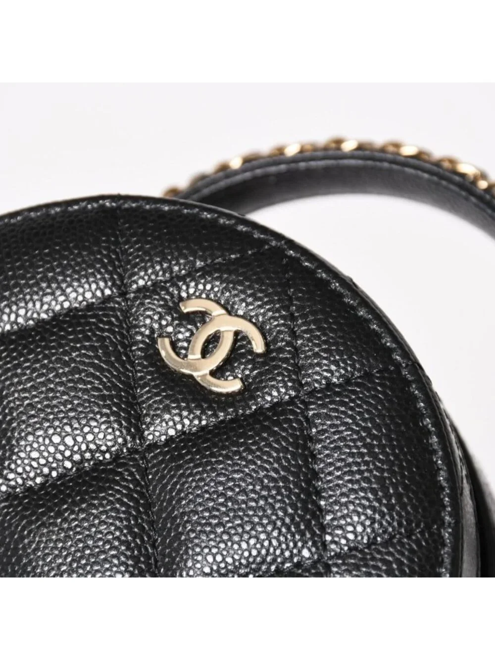 Chanel Small Round Vanity Bag Handbag Stand CC Logo Caviar Leather Black